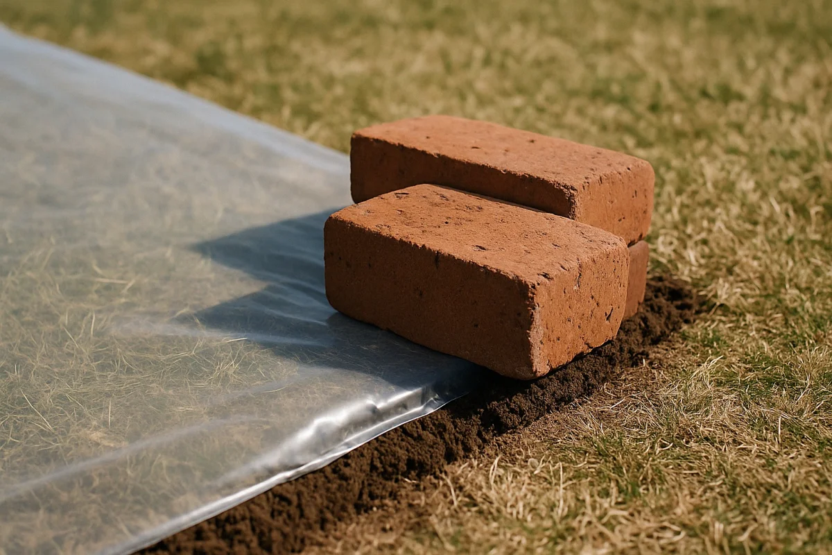 Close-up of plastic sheet edge sealed with red clay bricks and buried trench on suburban lawn solarization project