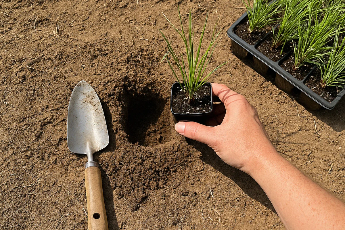 Hand planting native little bluestem grass plug into bare soil after solarization with trowel and flat of seedlings