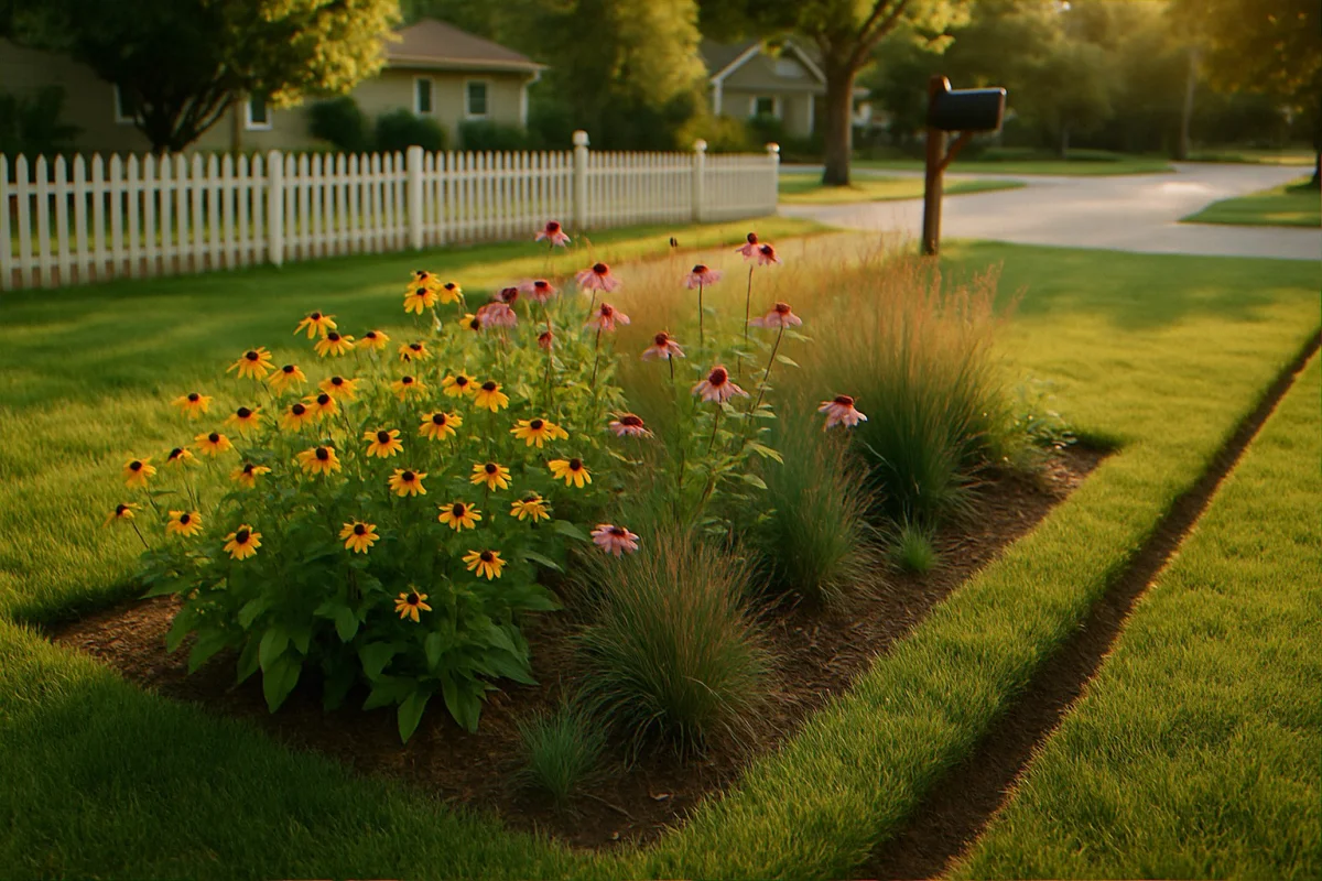 Front yard native wildflower bed framed by a clean mowed lawn strip and spade-edge trench for HOA-friendly curb appeal