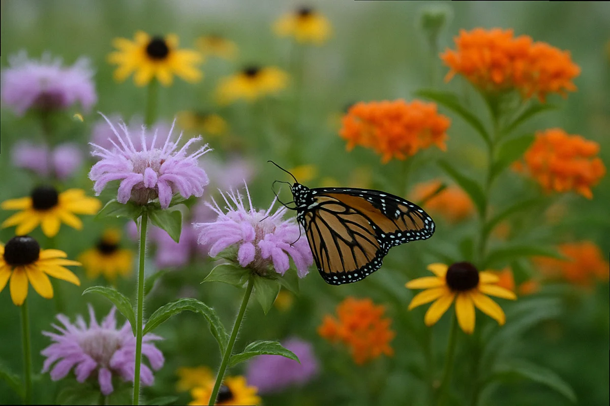 Mature second-year native pollinator garden with wild bergamot black-eyed Susan and butterfly weed in bloom with monarch butterfly