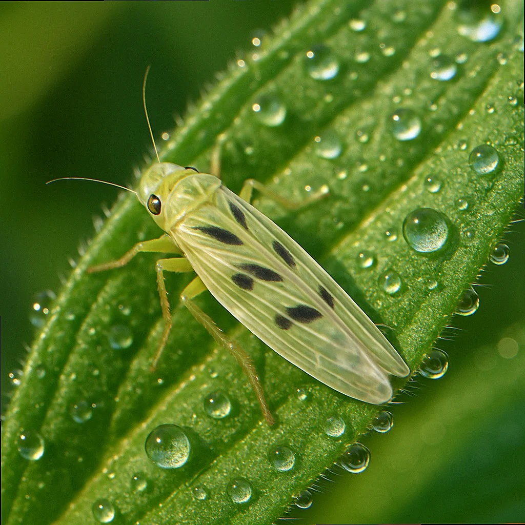 Close-up macro photograph of an aster leafhopper Macrosteles quadrilineatus on a green coneflower leaf showing diagnostic black wing markings