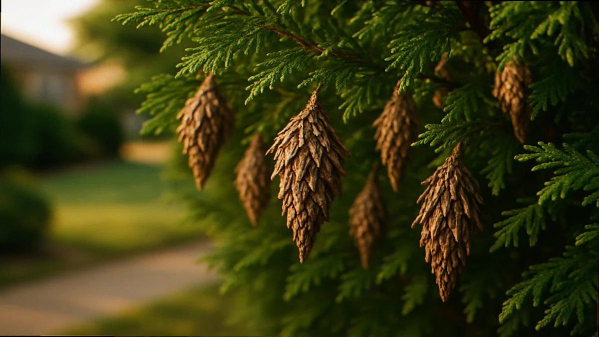 Spindle-shaped bagworm bags camouflaged with arborvitae needle scales hanging from inner branches