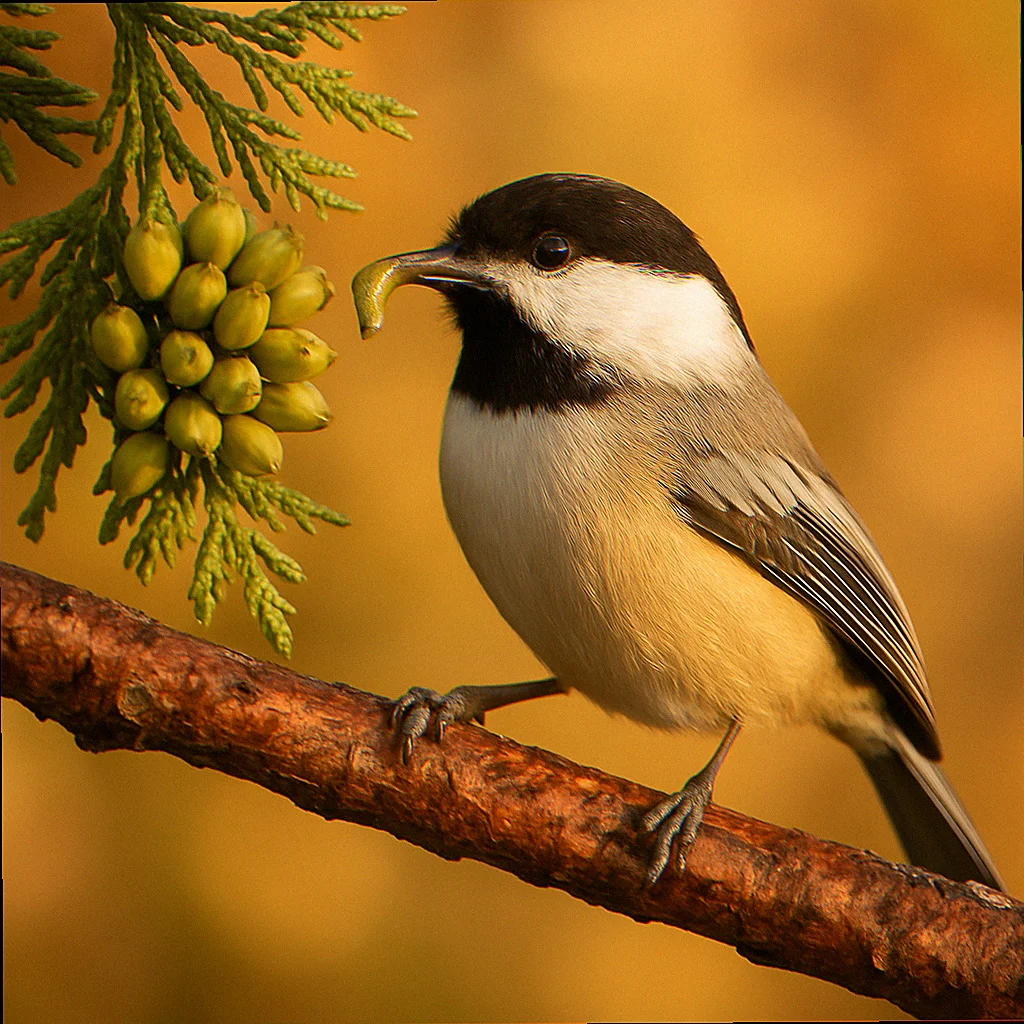 Black-capped chickadee perched on arborvitae branch with caterpillar in beak in suburban yard