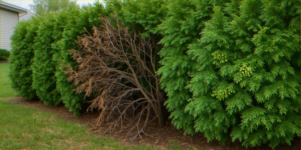 Suburban arborvitae hedge with visible brown thinning patches from bagworm defoliation