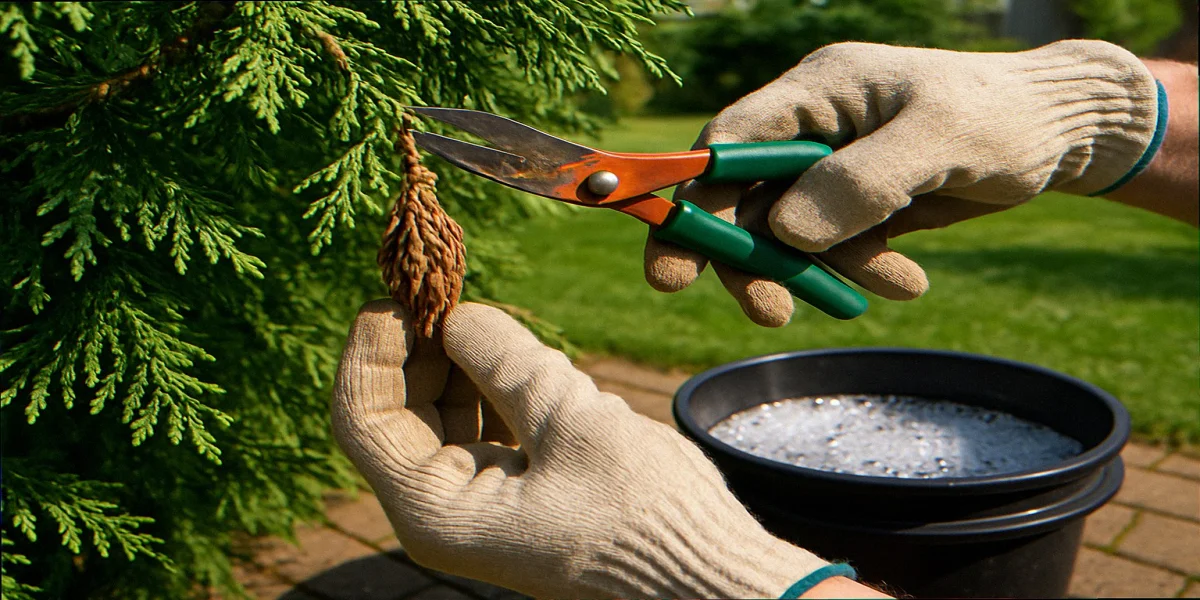 Gloved hands using pruning shears to snip a bagworm bag with a bucket of soapy water in foreground