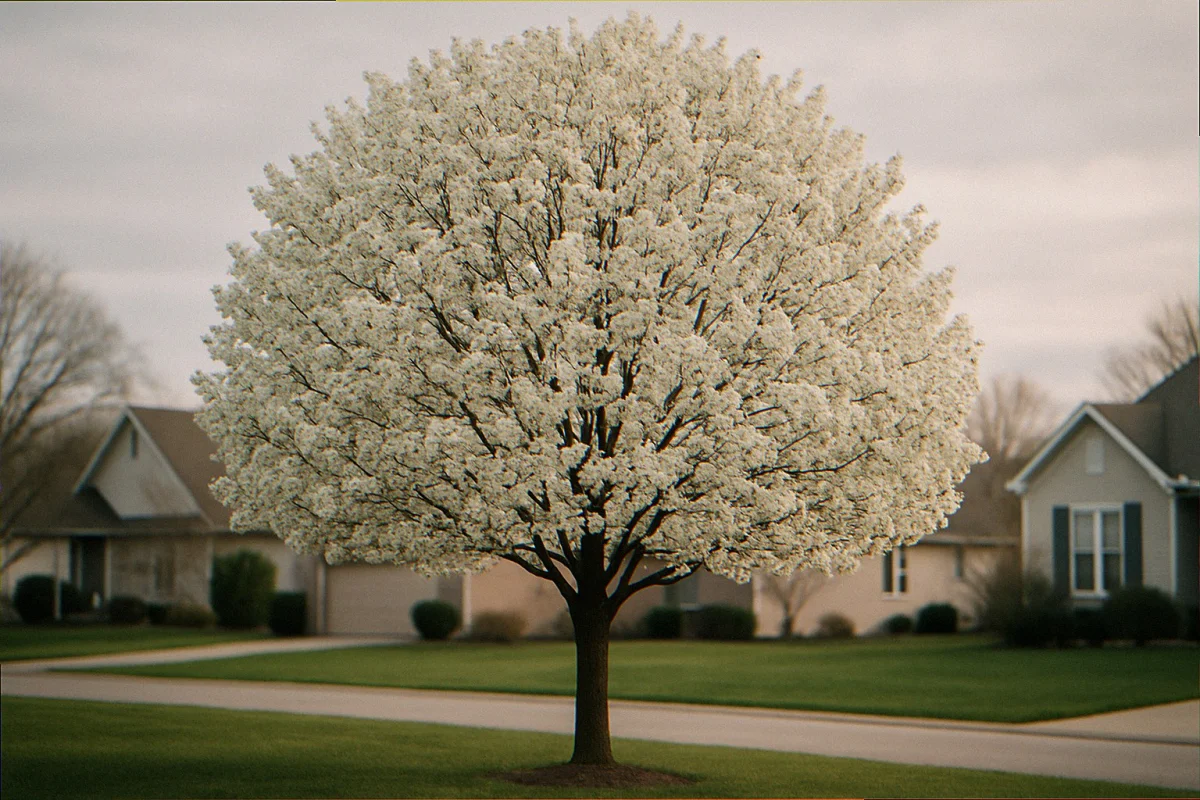 Bradford pear tree (Pyrus calleryana) covered in white spring blossoms on a suburban front lawn, oval crown shape visible against an overcast sky