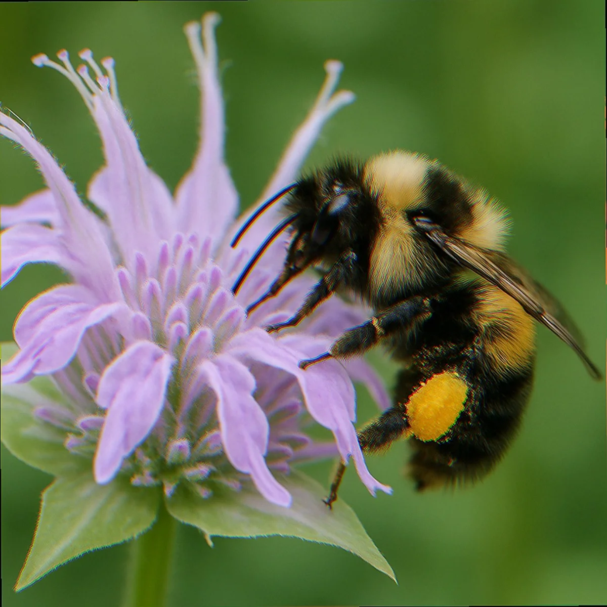 Worker bumblebee with pollen on hind legs feeding at wild bergamot Monarda fistulosa flower