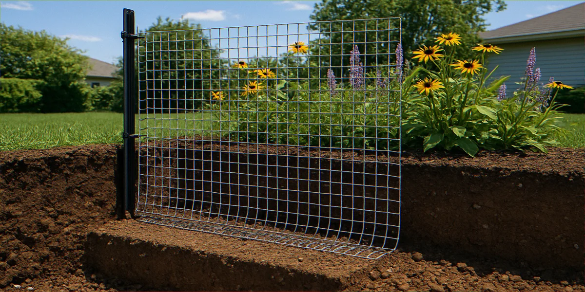 Cross section diagram of buried L hardware cloth fence showing twelve inch horizontal foot and angled top