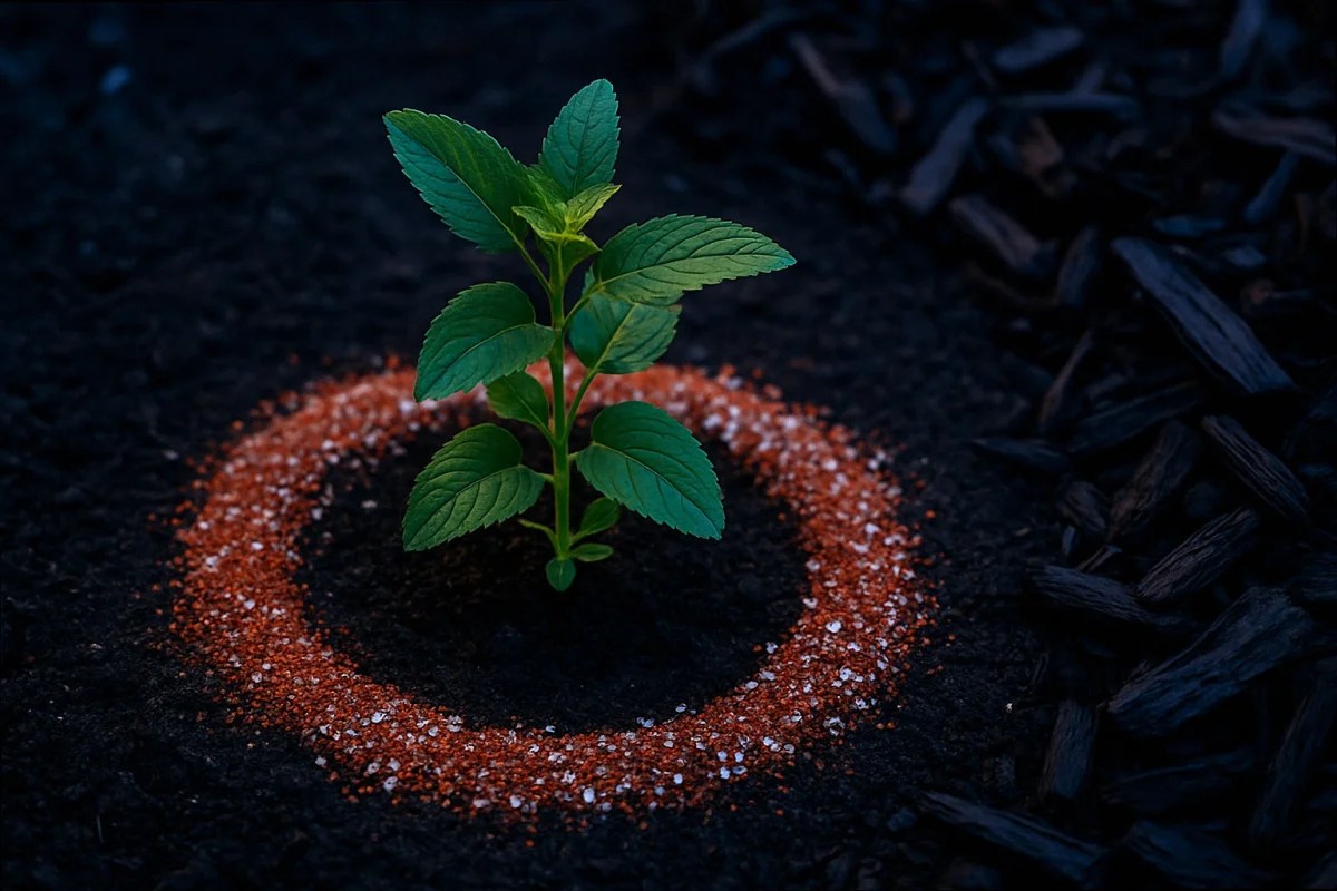 Bee balm plug surrounded by capsaicin and crushed oyster shell ring at twilight