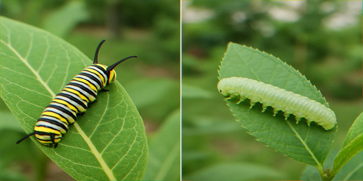 Side-by-side comparison of a caterpillar with five pairs of prolegs and a sawfly larva with seven pairs photographed on adjacent native plant leaves