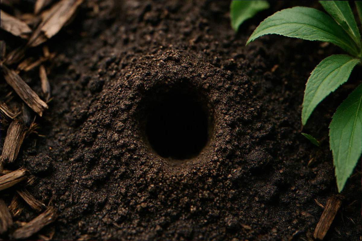 Quarter-sized chipmunk burrow entrance in dark moist garden soil next to coneflower foliage