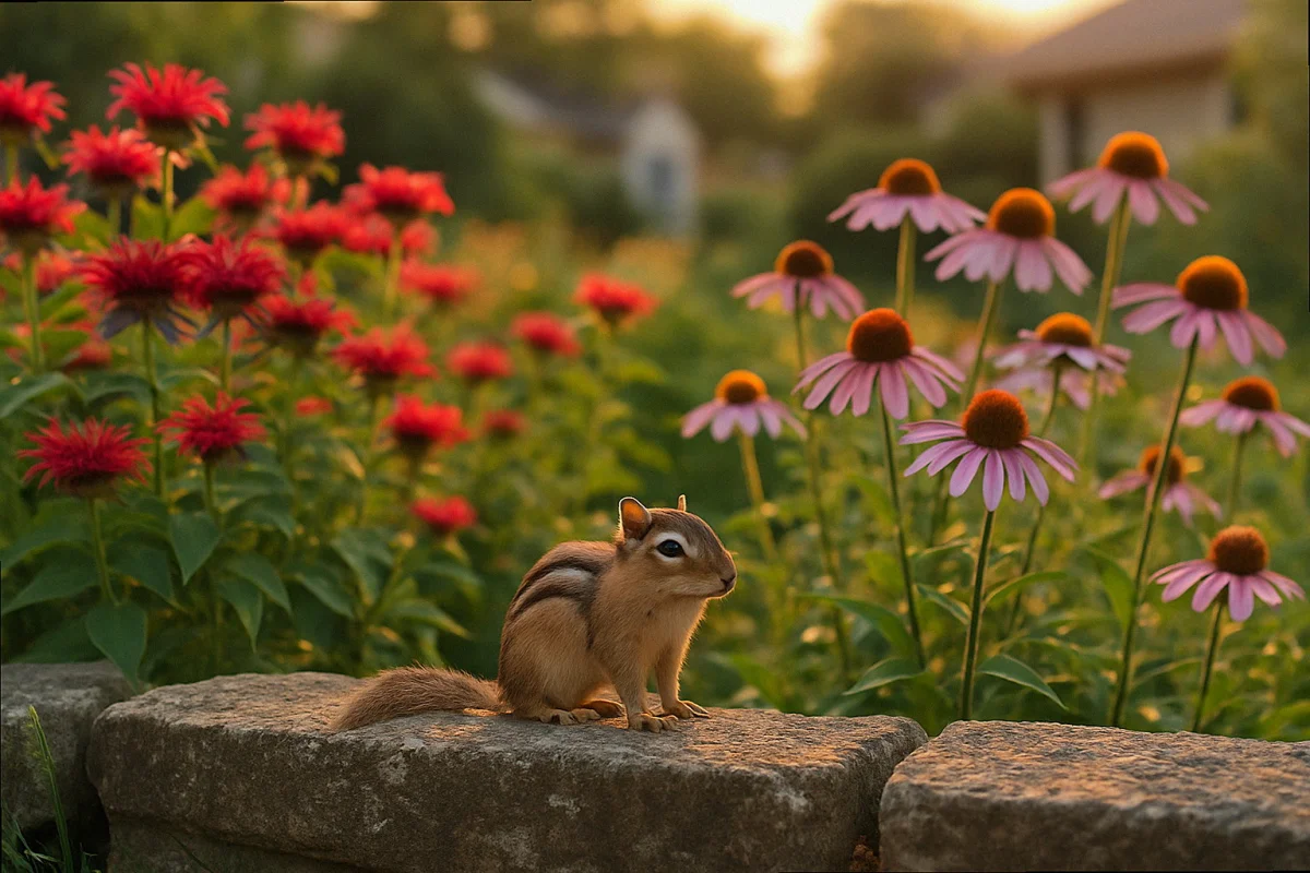 Eastern chipmunk on stone garden border with native bee balm and purple coneflower in mid-June bloom