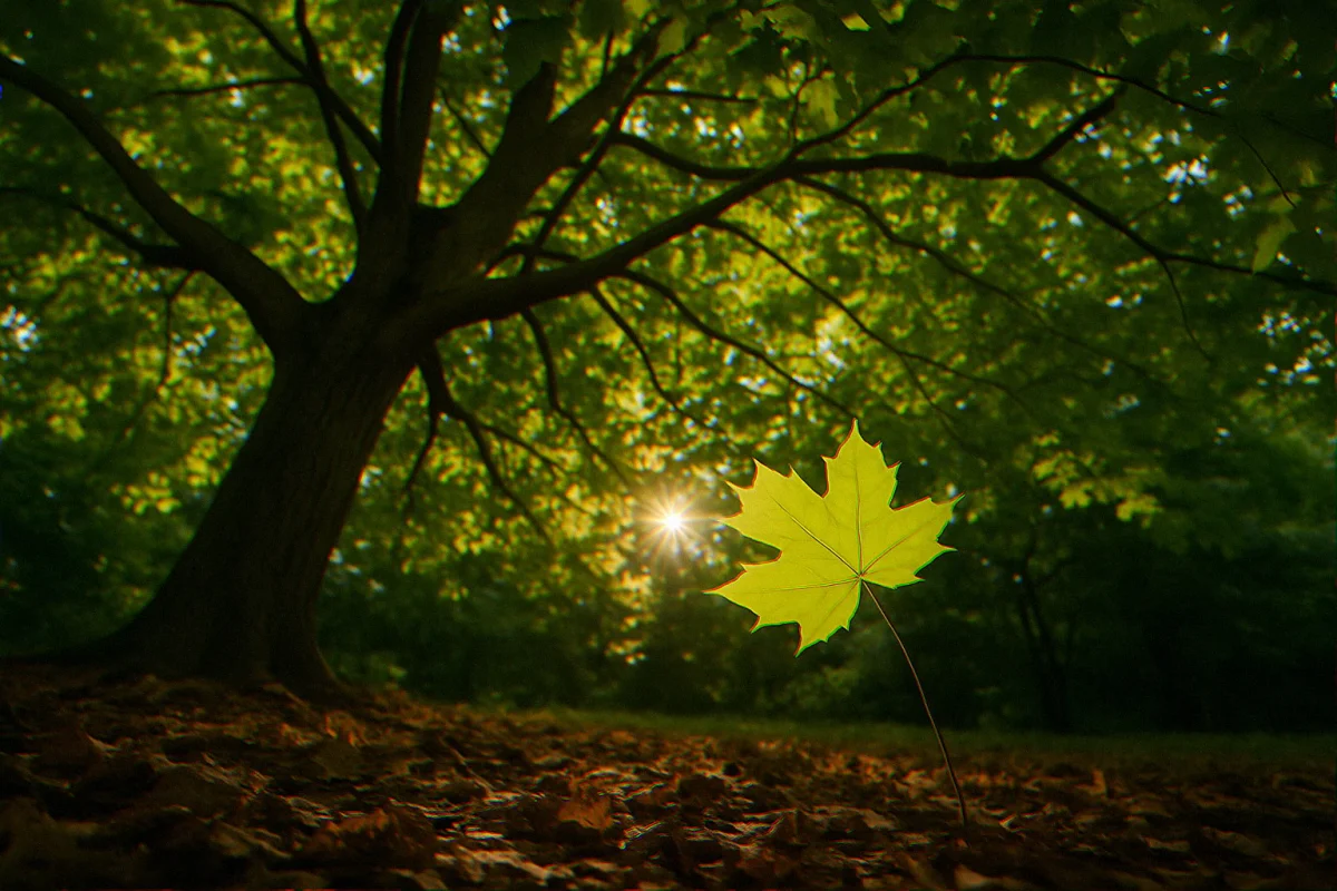 View looking up through dense silver maple canopy with sun rays piercing to dim woodland floor below