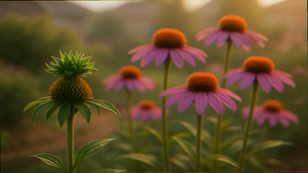 Suburban native garden with one purple coneflower showing aster yellows phyllody green leafy tuft instead of magenta petals at golden hour