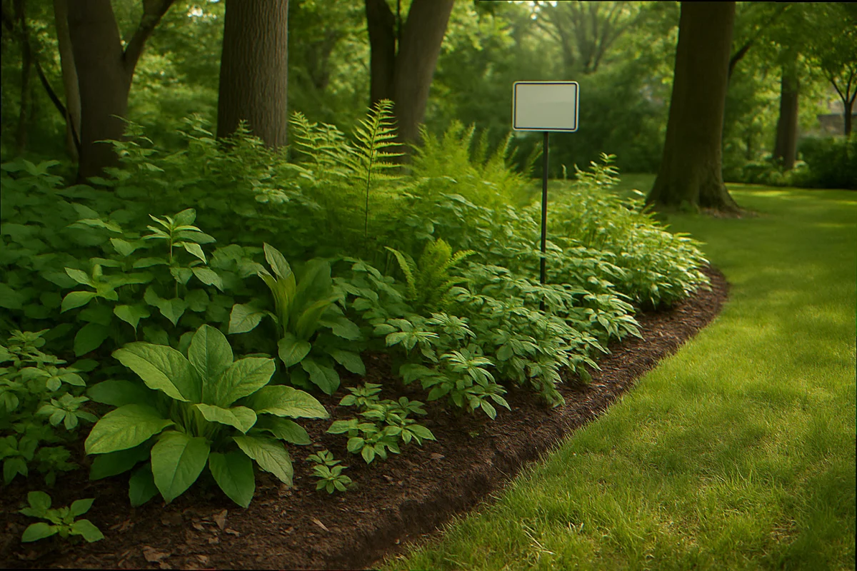 Native plant bed under suburban shade trees with a clean three inch spade-cut border and small wildlife habitat sign