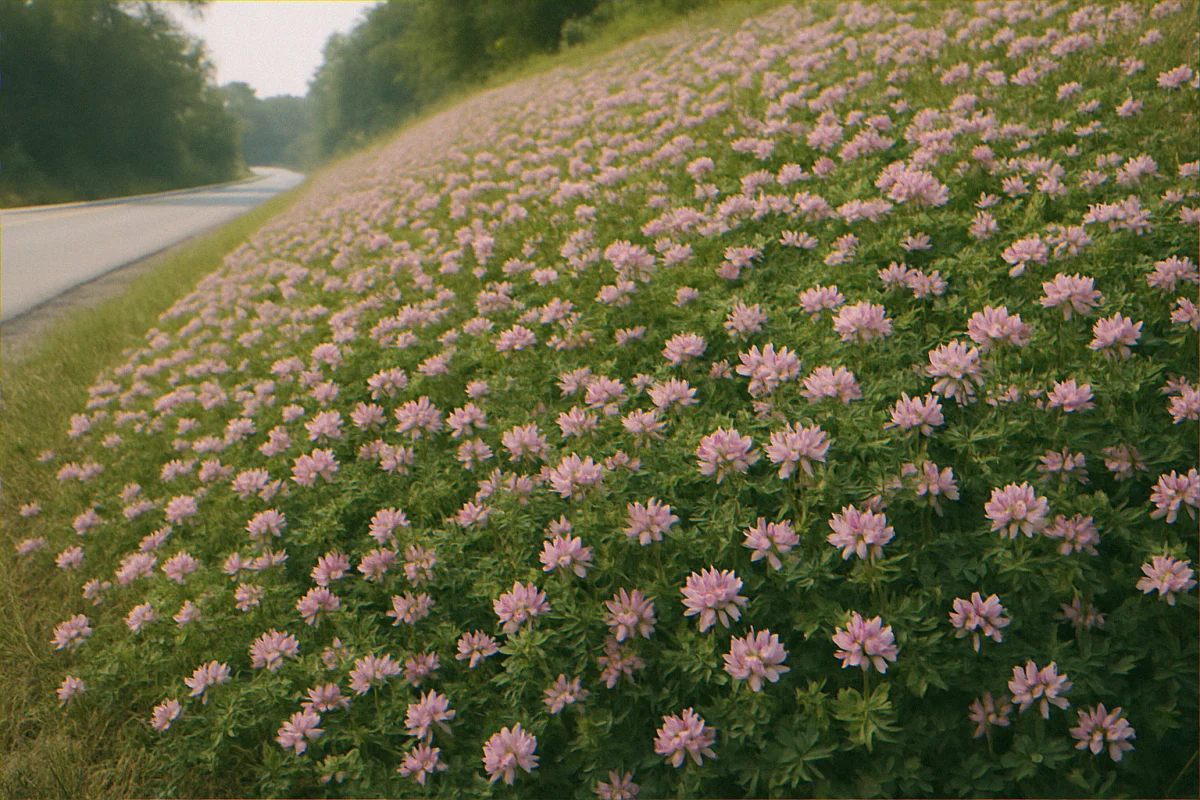 Crown vetch (Securigera varia) covering a sloped roadside embankment in dense pink and white pea-flower mat with feathery compound leaves in mid-summer