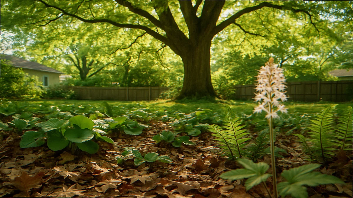Dappled woodland floor under a mature white oak with wild ginger Christmas ferns and a blooming foamflower