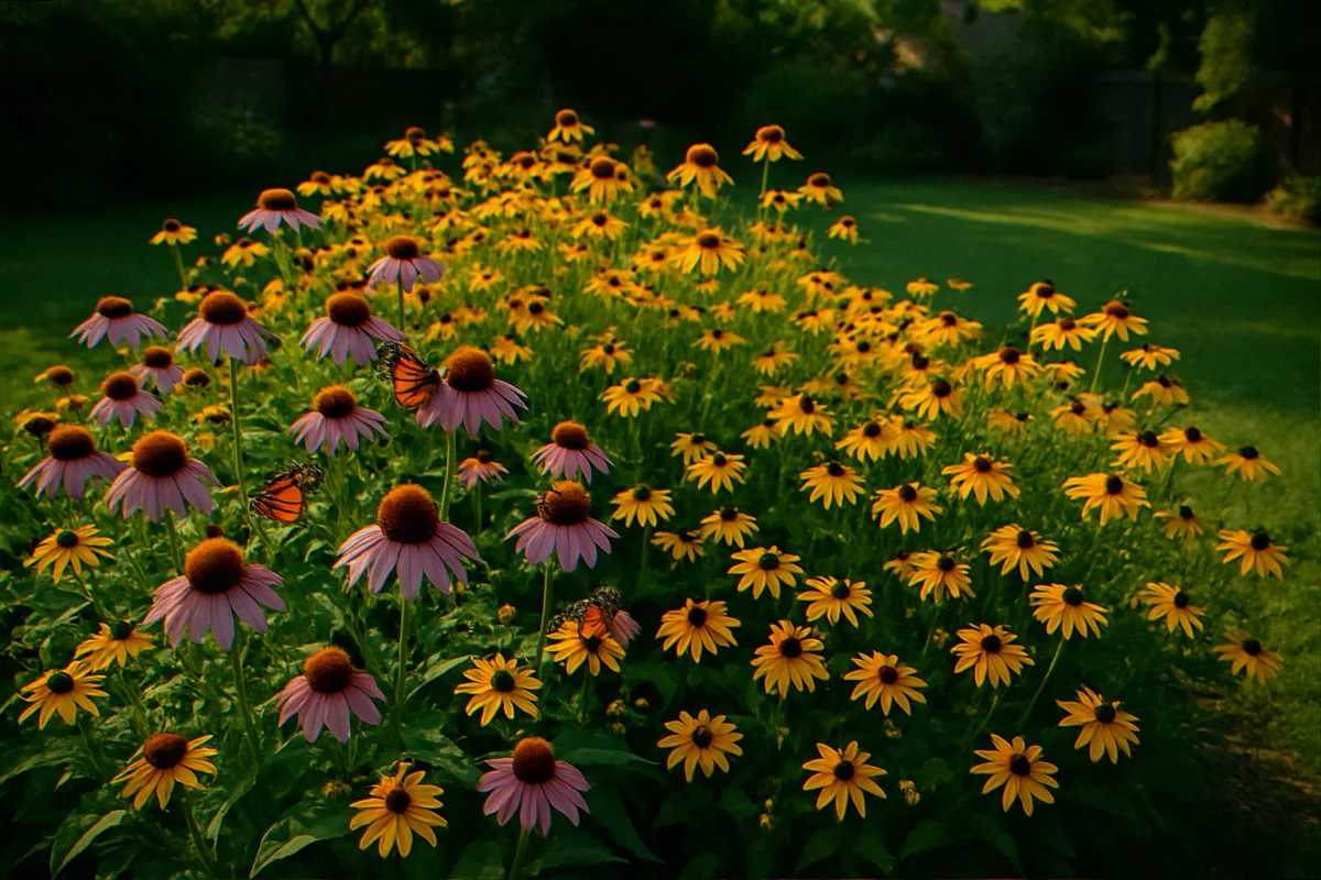 Established native pollinator bed thirty days after planting with monarchs and bees on coneflower