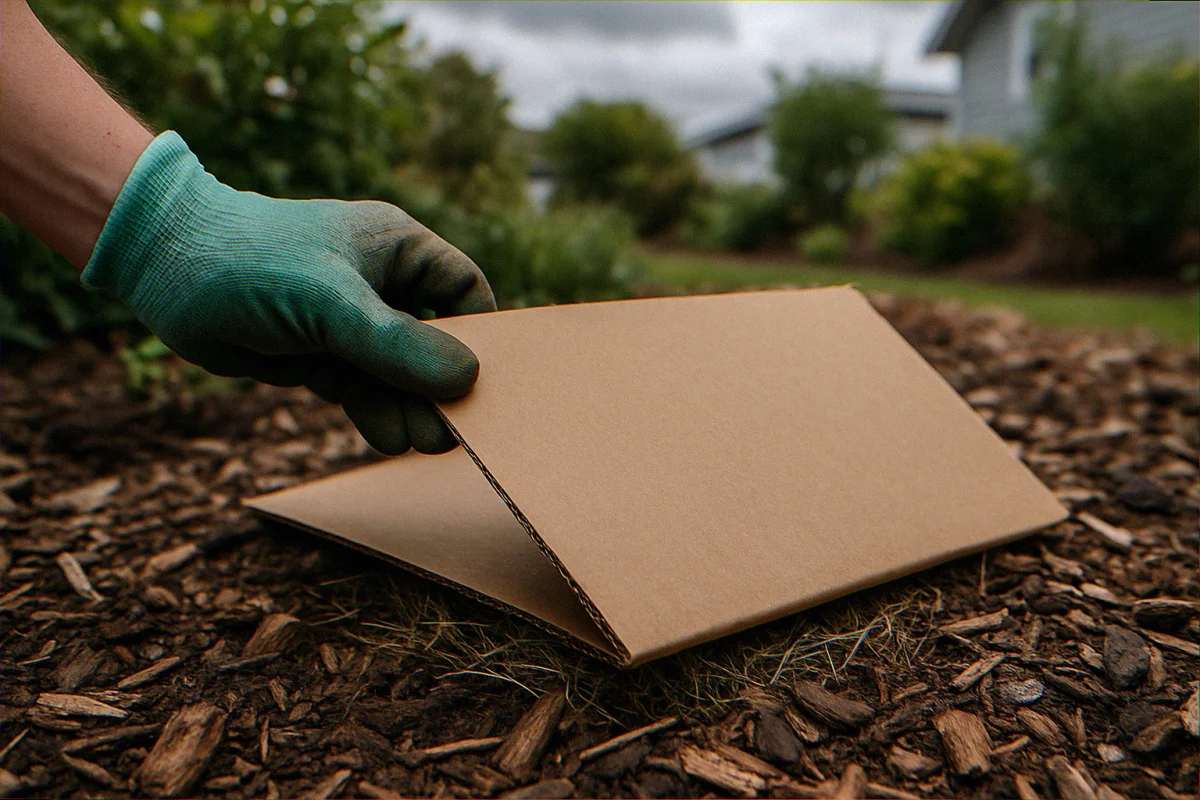 Gardener's gloved hand lifting a stiff intact brown corrugated cardboard sheet from a suburban garden bed, dry dead grass underneath, wood chips scattered around