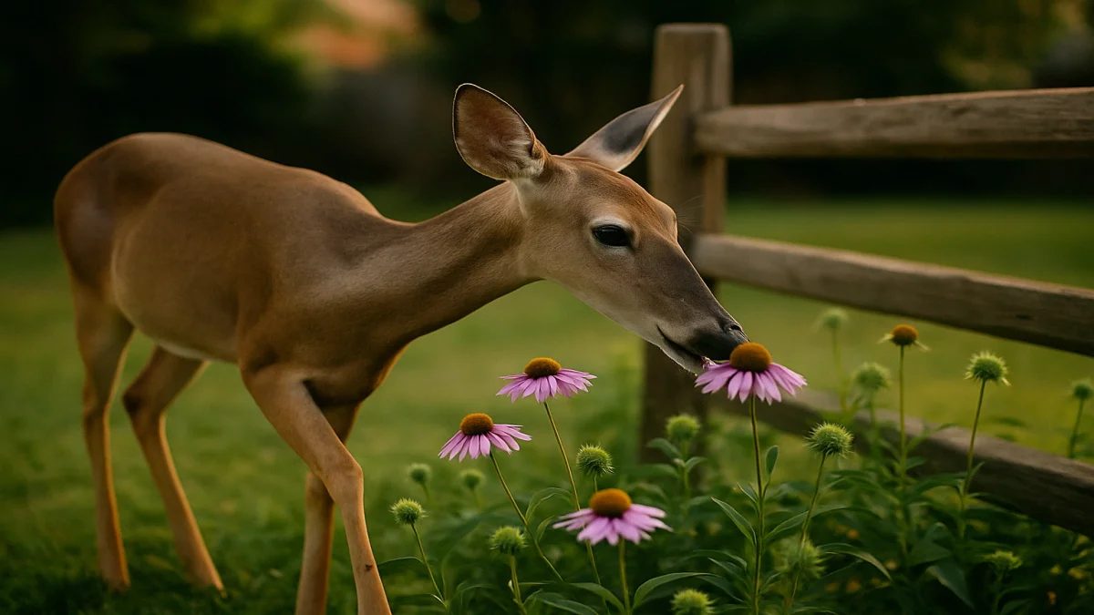 White-tailed doe at dusk browsing on echinacea coneflowers in suburban native plant garden bed