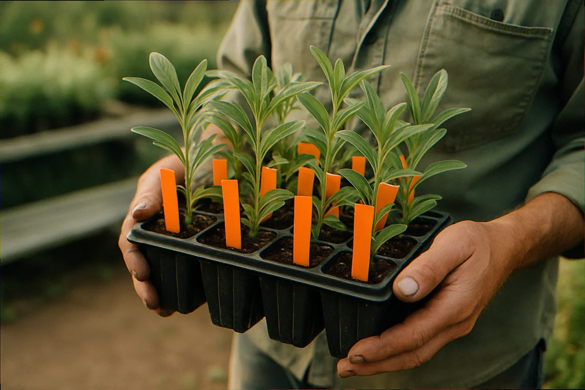 Hands holding a tray of butterfly weed plug seedlings at a native plant nursery in morning light
