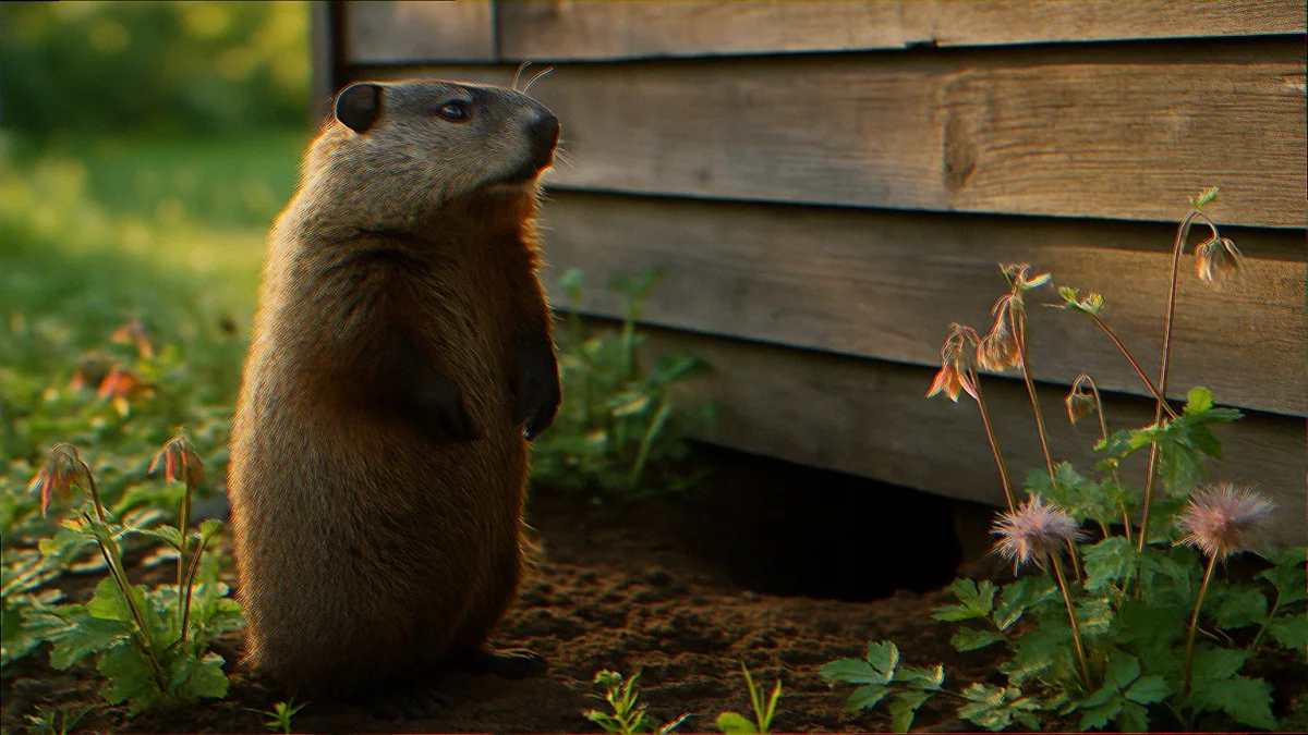 Adult woodchuck standing at the edge of a suburban native plant garden bed at dawn