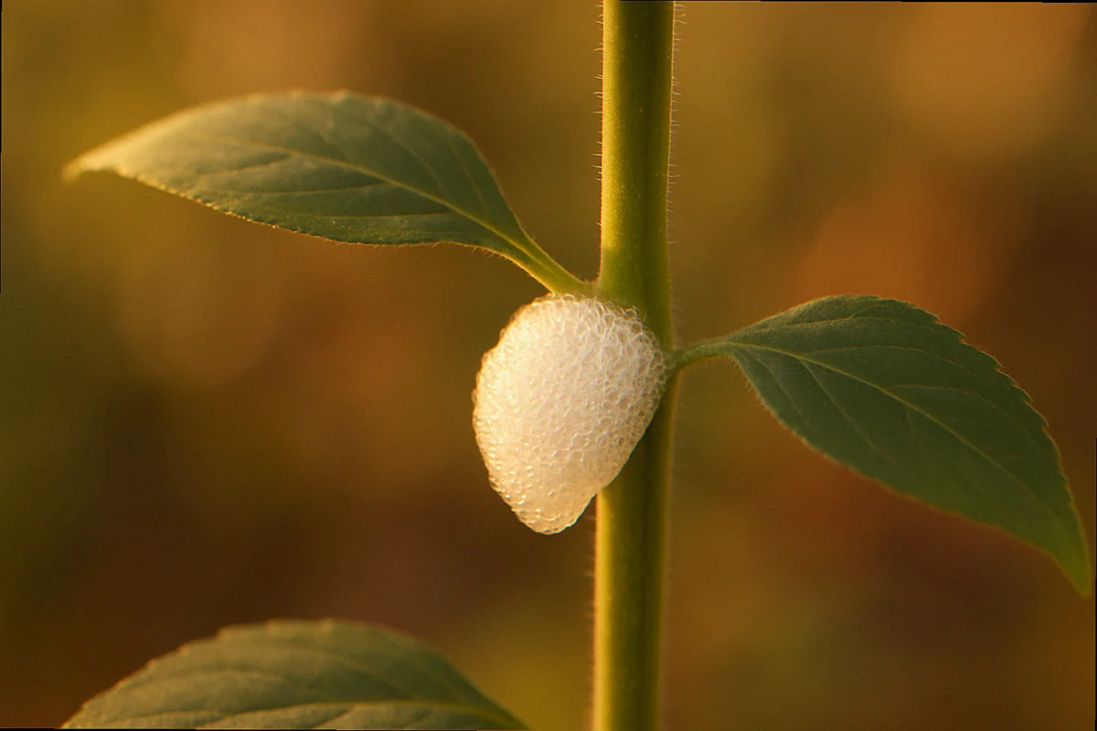 Macro of white spittlebug foam on a wild bee balm stem in a backyard pollinator garden