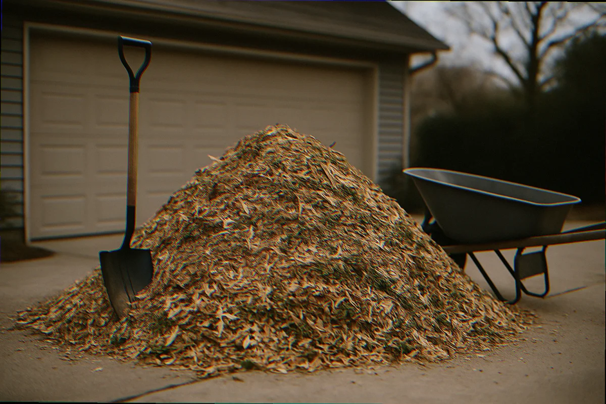 Fresh pile of arborist wood chips dumped on a suburban driveway, mix of pale and dark chips with bits of green leaves, snow shovel and wheelbarrow nearby