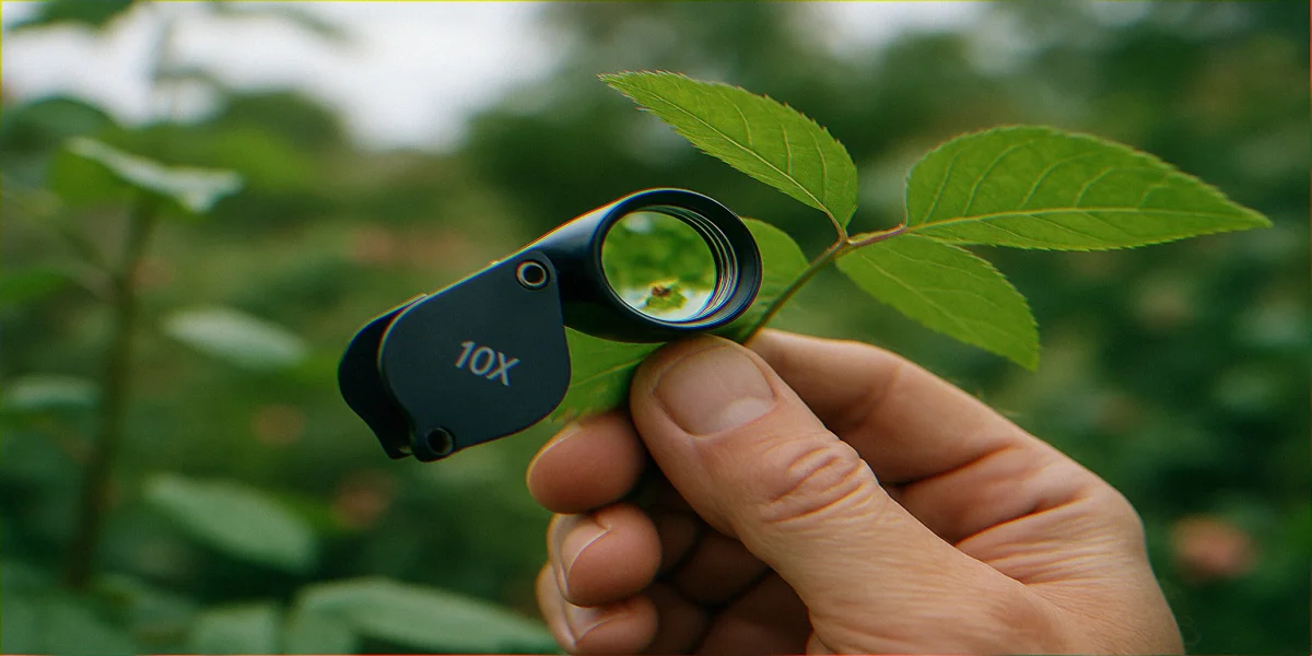 Gardener using a 10x hand lens to examine the underside of a native rose leaf in morning light