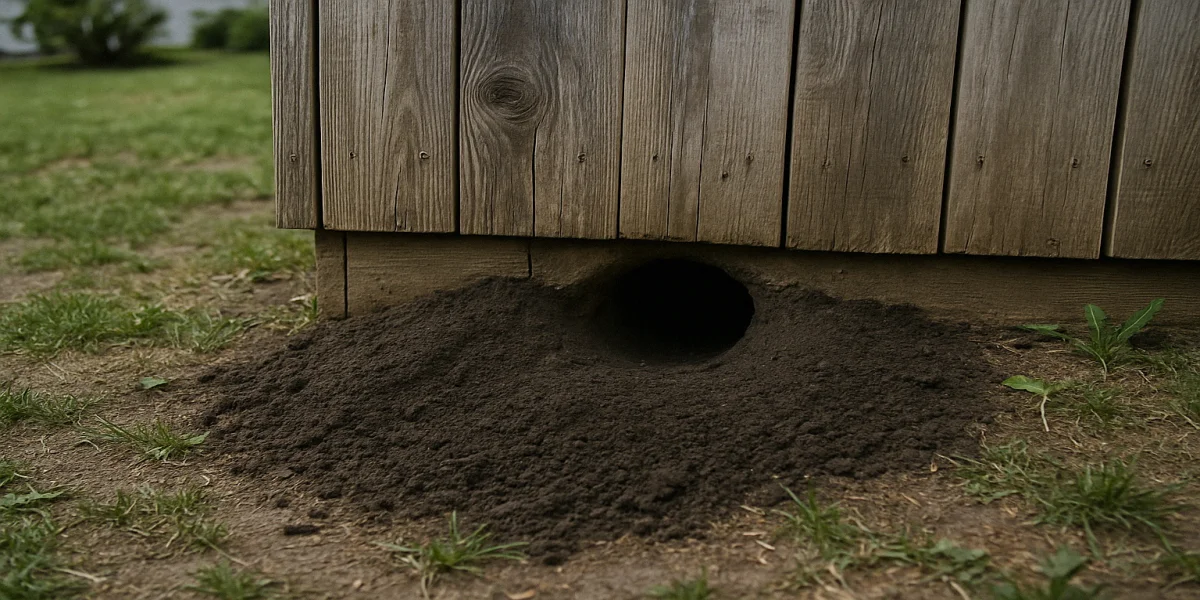 Adult woodchuck emerging from soil-fan burrow entrance under wooden shed in June morning light