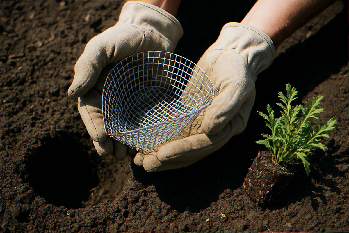 Gloved hands holding folded galvanized hardware cloth collar over a freshly dug native plant planting hole