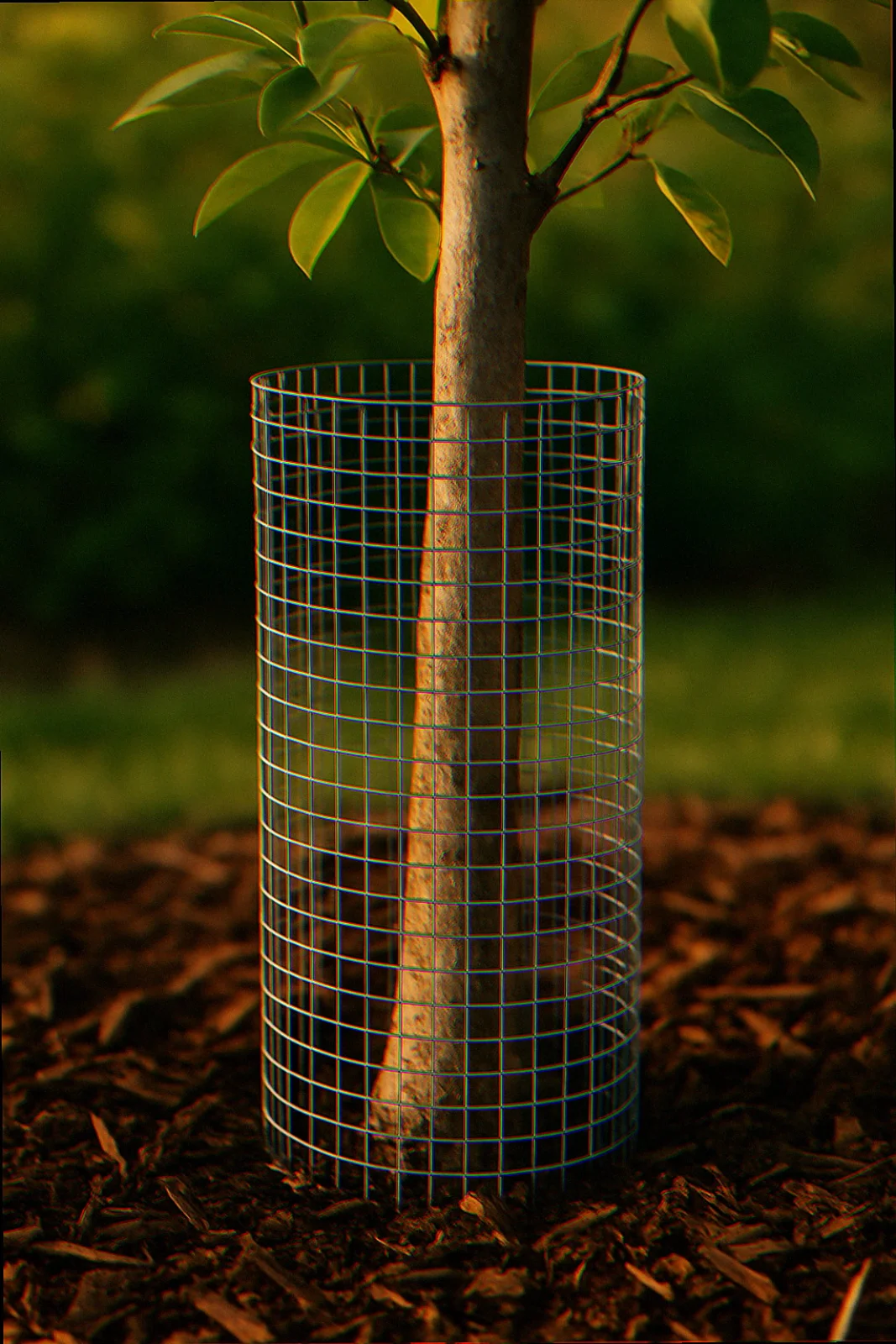 Quarter inch galvanized hardware cloth wrapped 18 inches tall around young serviceberry trunk with the bottom edge buried 2 inches below soil grade