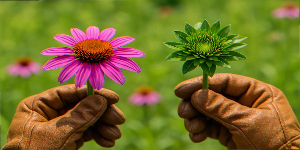 Hands wearing gardening gloves comparing a healthy purple coneflower disk to a deformed green phyllody flower head side by side