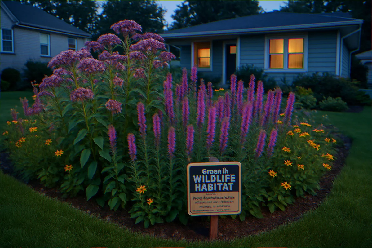 Curated native plant pollinator bed in suburban front yard with mowed grass edge and small Certified Wildlife Habitat sign Joe Pye weed and blazing star blooming