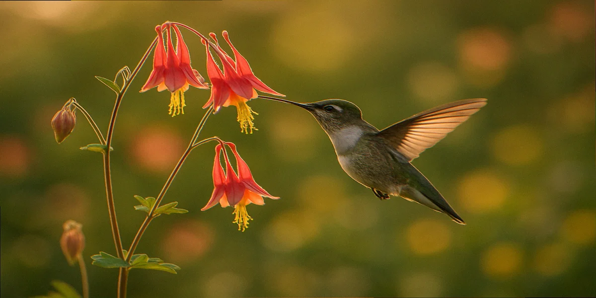 Female ruby-throated hummingbird perched on a flowering native columbine in a suburban garden at golden hour