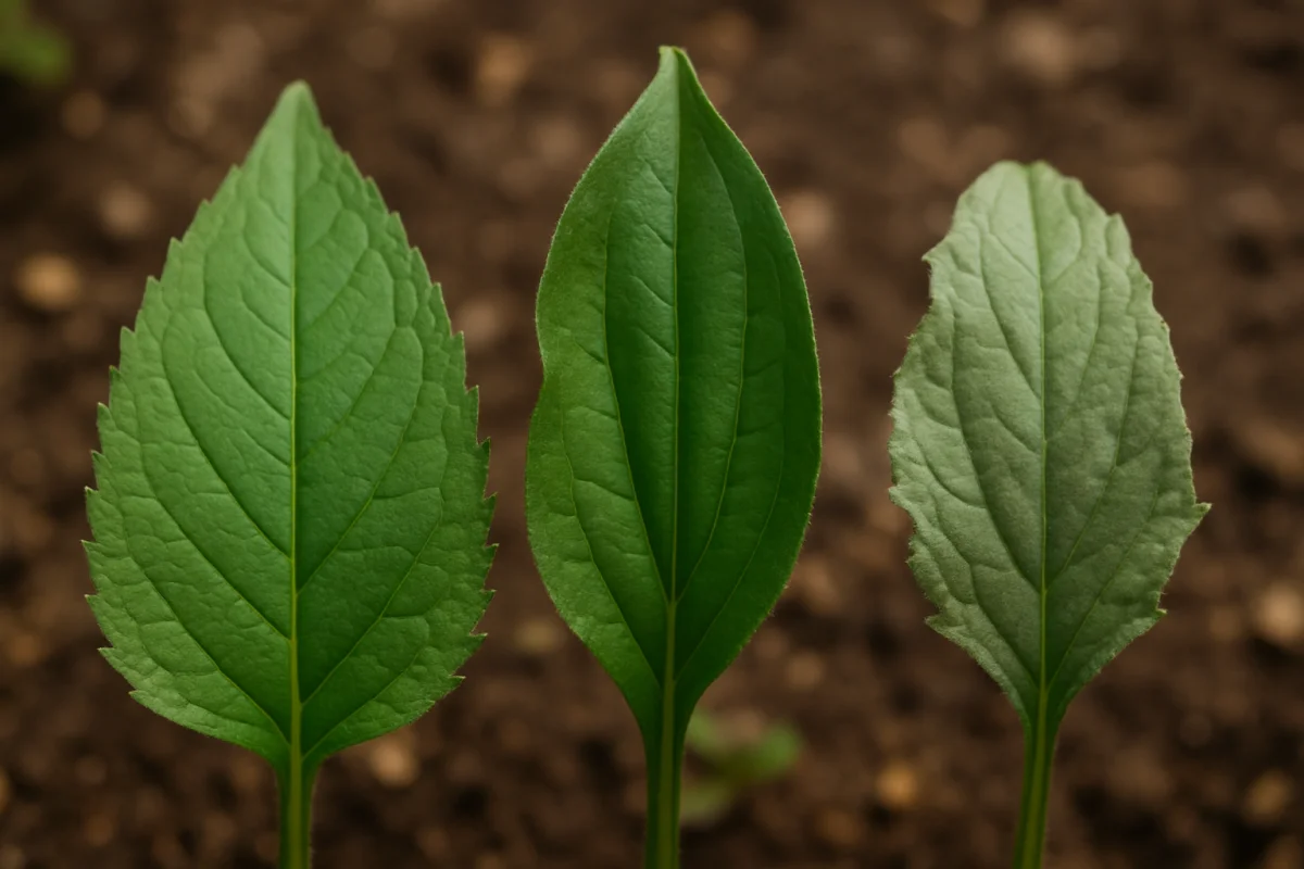 Side-by-side comparison of a healthy coneflower leaf versus stage-one cupping versus stage-three afternoon wilt on bee balm