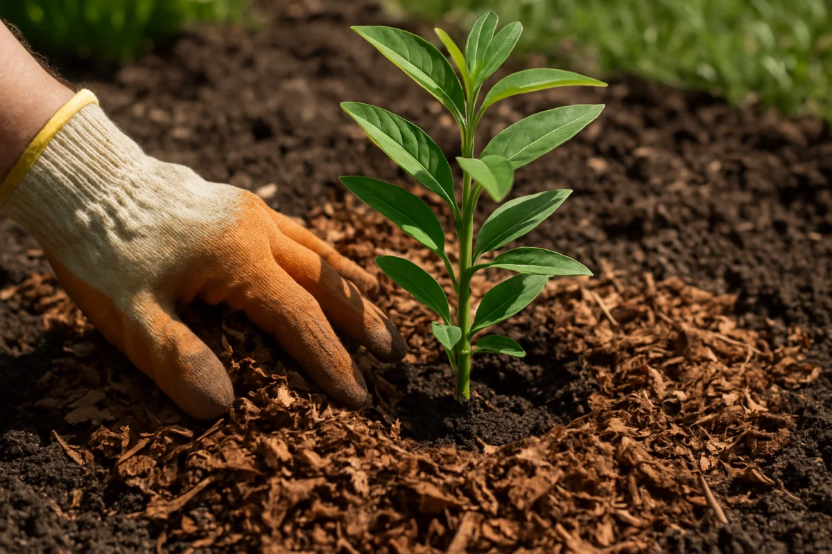 Two inches of shredded leaf mulch applied around a young Asclepias tuberosa transplant with a clear gap around the stem crown