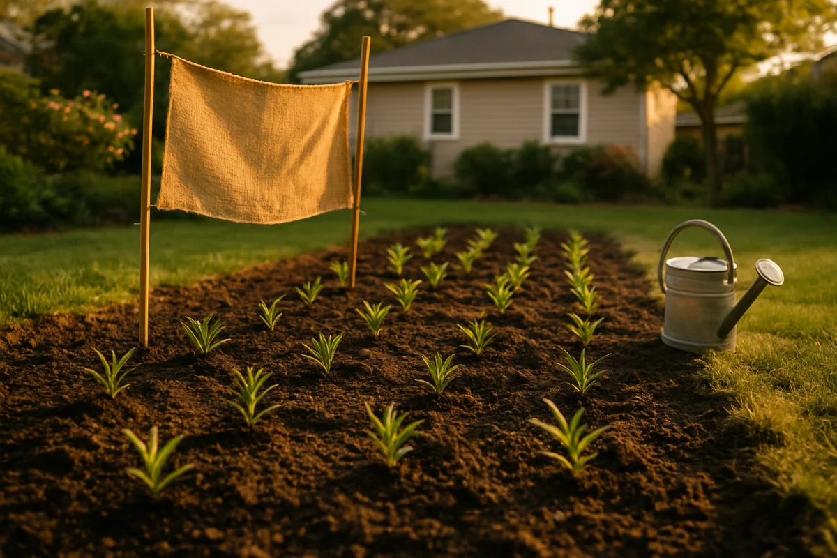 Evening planting setup with burlap stakes already in position west of a freshly planted row of milkweed plugs at 7pm