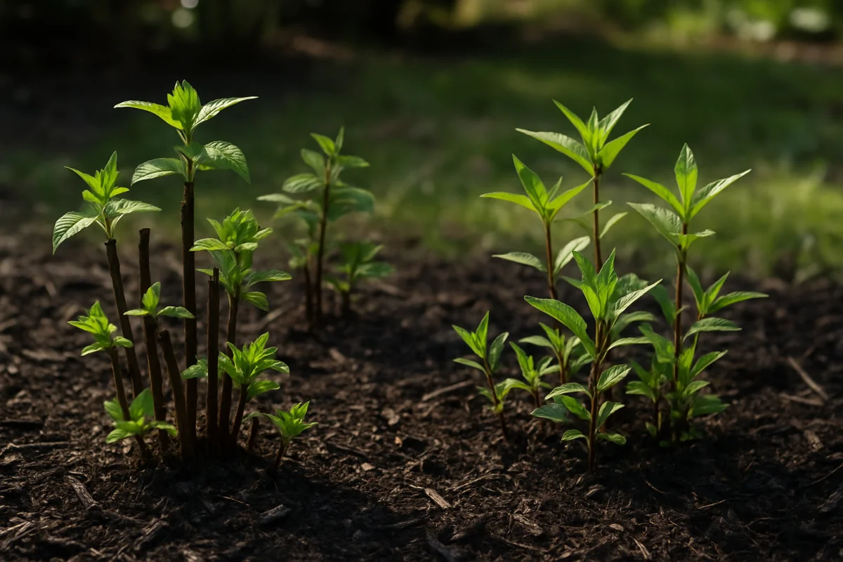 A first-year native bed of bee balm and joe-pye weed recovering ten days after a 99 degree heat wave, with new leaf growth visible at the base