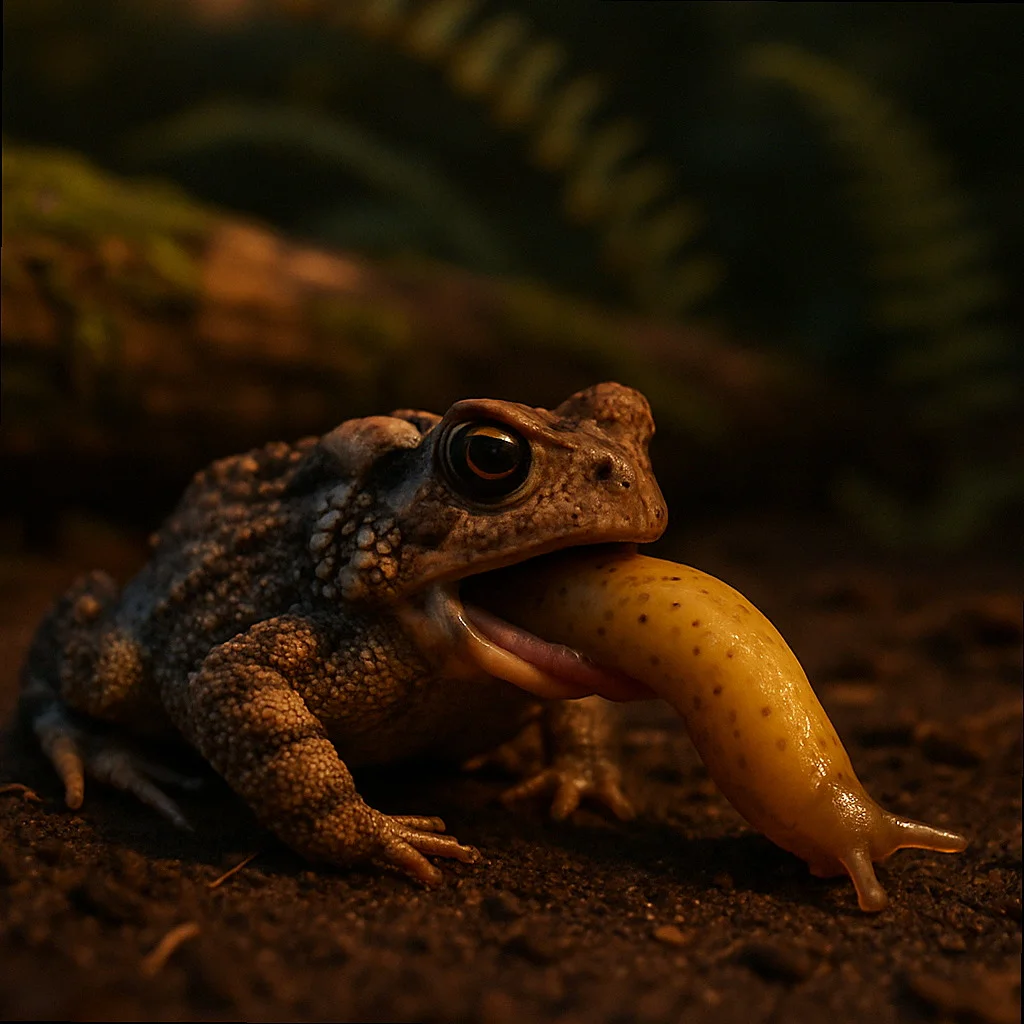 American toad hunting a banana slug on damp soil at dusk in a suburban backyard