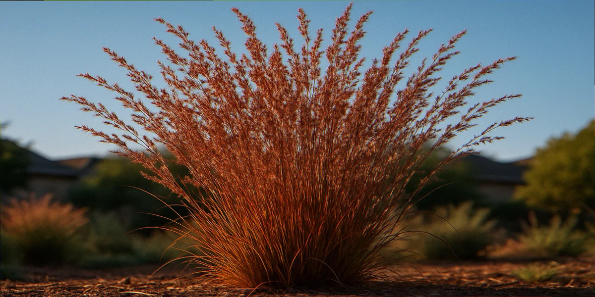 Mature stand of little bluestem grass Schizachyrium scoparium in suburban native bed catching low afternoon sidelight on bronze seed heads