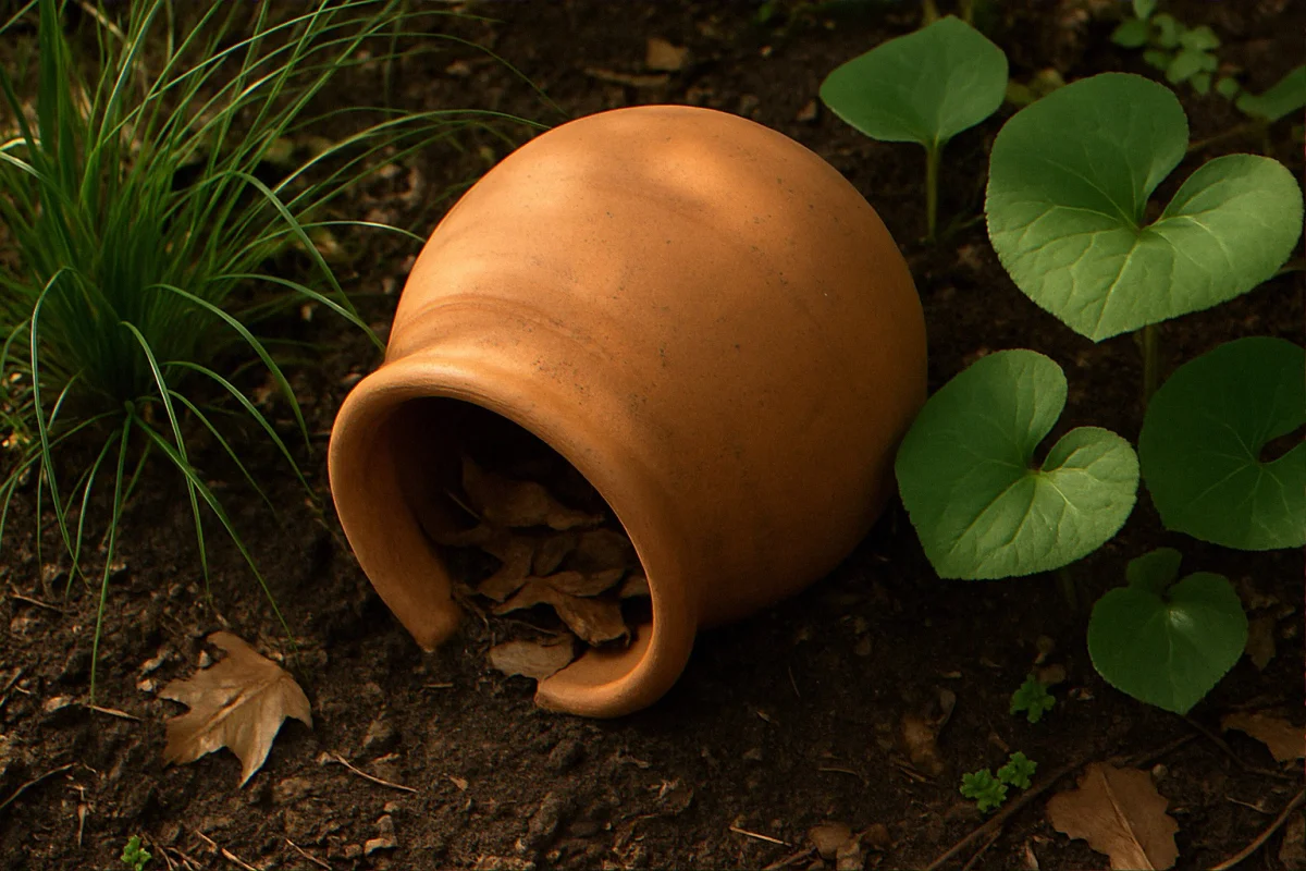 Terracotta pot buried two-thirds on its side with doorway notch at ground level surrounded by Pennsylvania sedge and wild ginger leaves