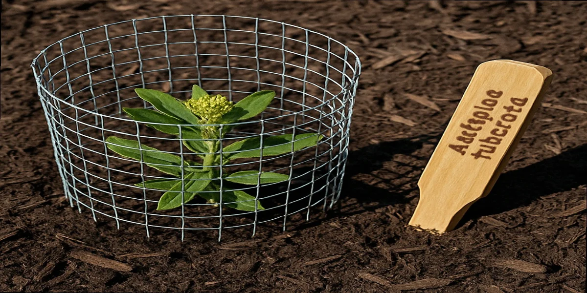 Galvanized half-inch hardware-cloth cylinder cage staked around a first-year butterfly weed Asclepias tuberosa seedling in dark garden mulch