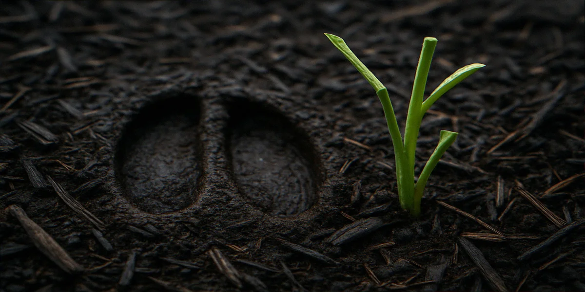 Fresh white-tailed deer hoofprint in dark garden mulch beside ragged 45-degree bite marks on a young echinacea stem