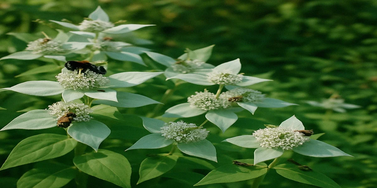 Pycnanthemum muticum mountain mint with silver bracts in full bloom covered with native bees and wasps in suburban garden border