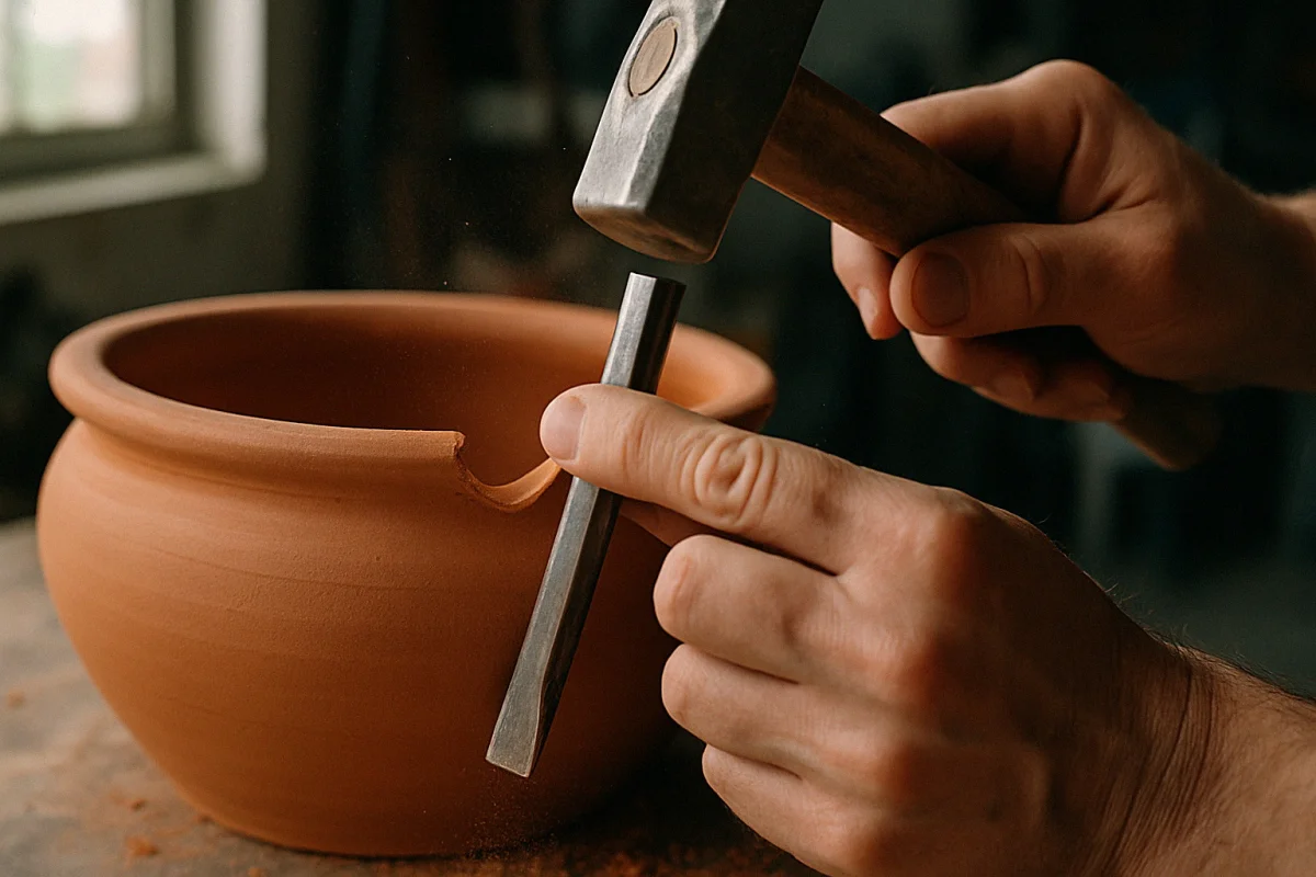 Hands using a steel chisel and hammer to notch a doorway opening into the rim of a terracotta pot