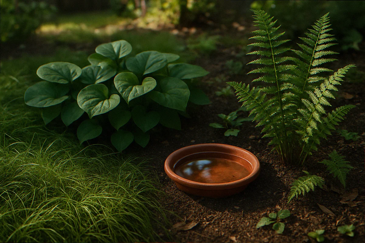 Shaded backyard corner with Pennsylvania sedge, Christmas fern, wild ginger, and a sunken terracotta water saucer forming a toad microhabitat