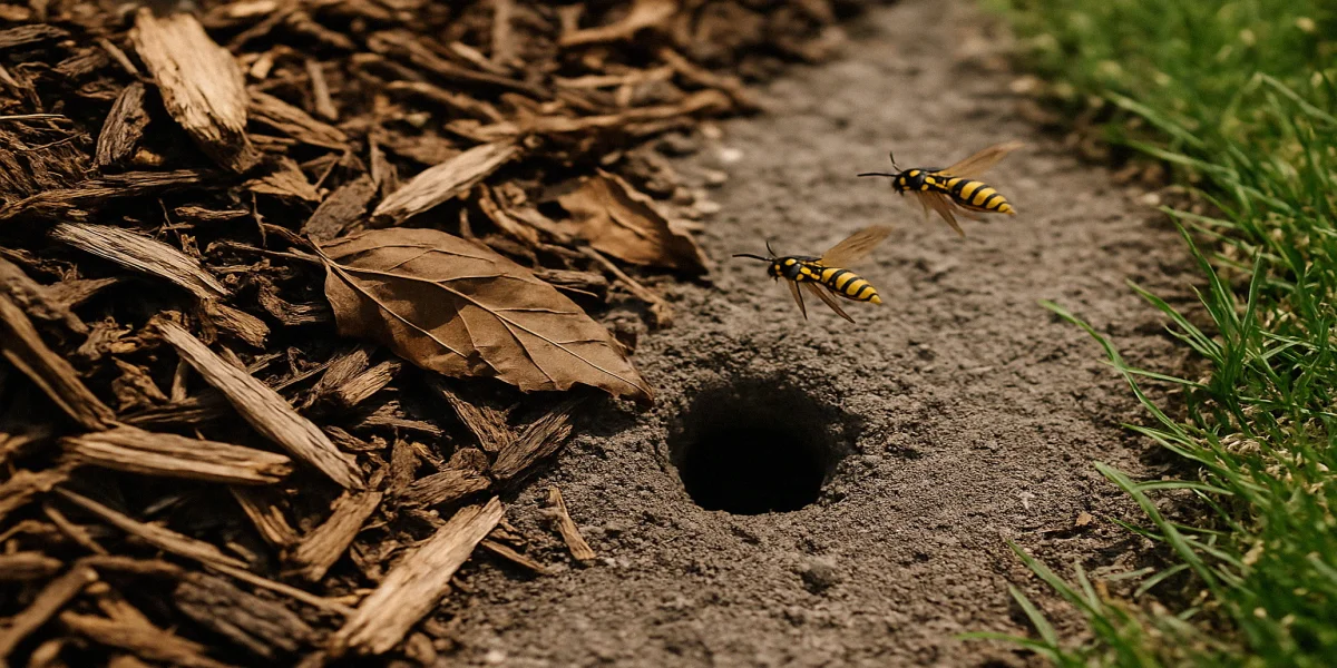 Eastern yellow jacket worker entering a small ground nest hole at the edge of a mulched native plant bed in mid-June