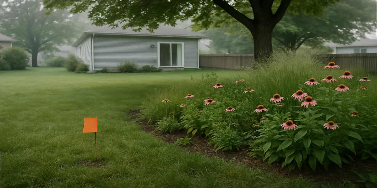 Suburban backyard with a pin flag marking a ground wasp nest near a rain garden on an overcast morning