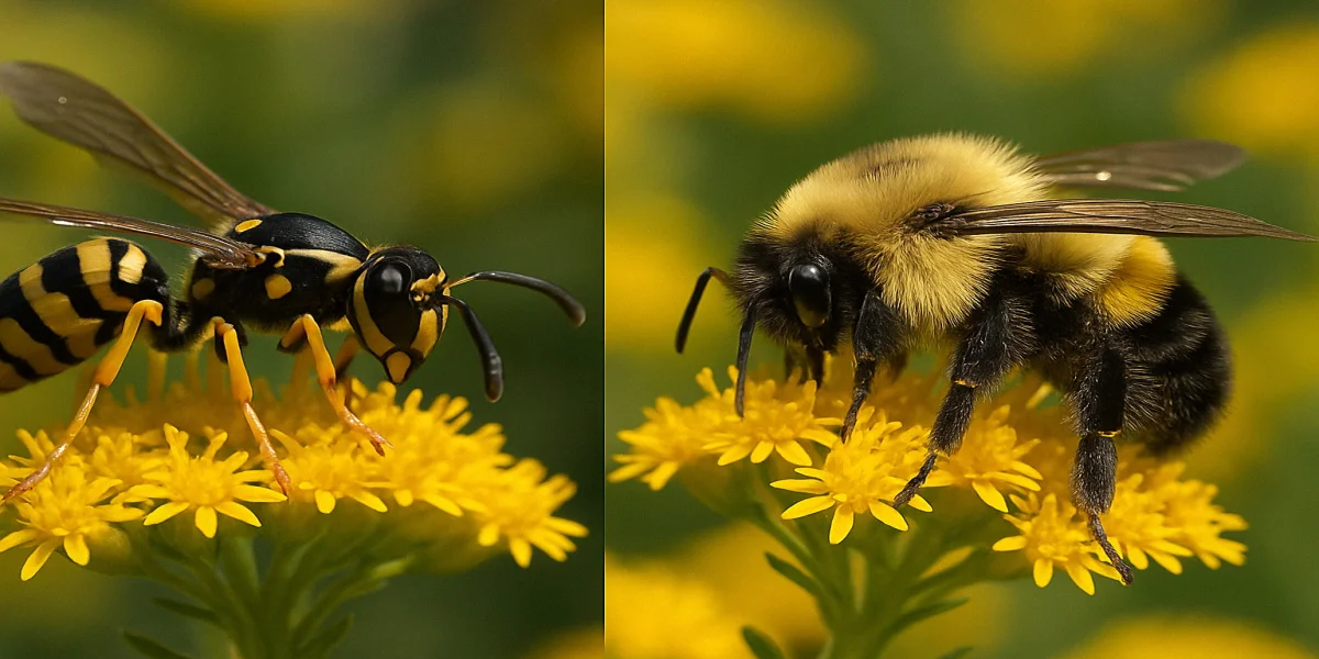 Side-by-side close-up comparison of an eastern yellow jacket worker and a common eastern bumble bee on goldenrod, showing the size and body-hair difference